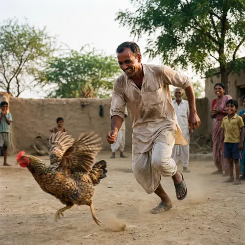 Determined South Asian Man Chasing Hen in Traditional Attire