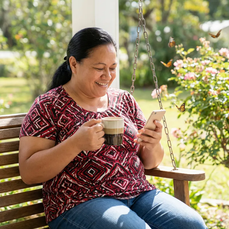 Sophisticated Pacific Islander Woman Enjoying Coffee