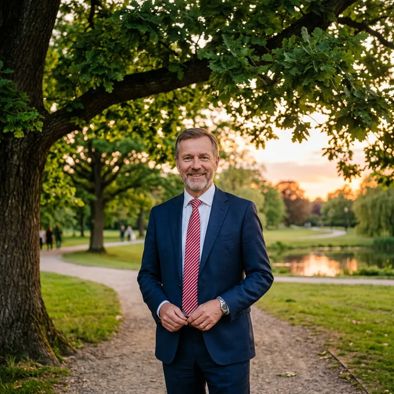 Middle-Aged Man in Navy Blue Suit Standing Under Oak Tree Middle-Aged Man in Navy Blue Suit Standing Under Oak Tree