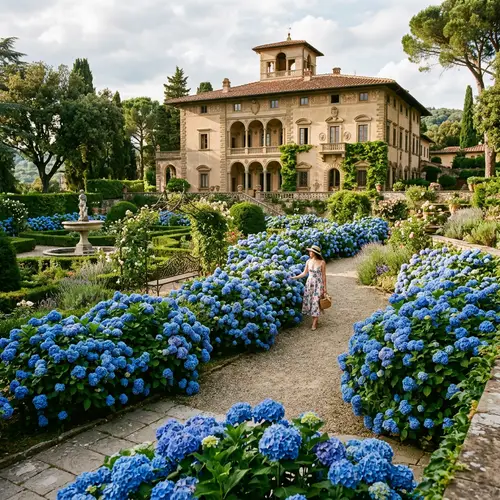 Blue Hydrangeas in Renaissance Mansion Garden