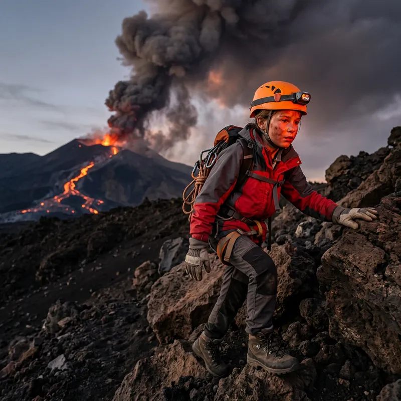 Brave Girl Ventures Towards Erupting Volcano Brave Girl Ventures Towards Erupting Volcano