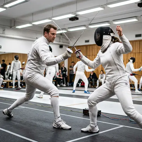 Intense Fencing Duel Between Caucasian Man and East Asian Woman