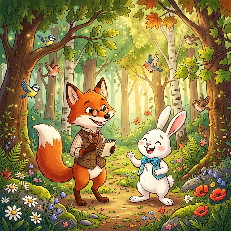 Vibrant Cartoon Scene: Fox and Rabbit in Enchanted Forest