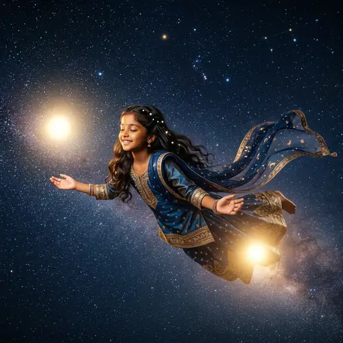 Enchanting South Asian Girl Floating in Night Sky