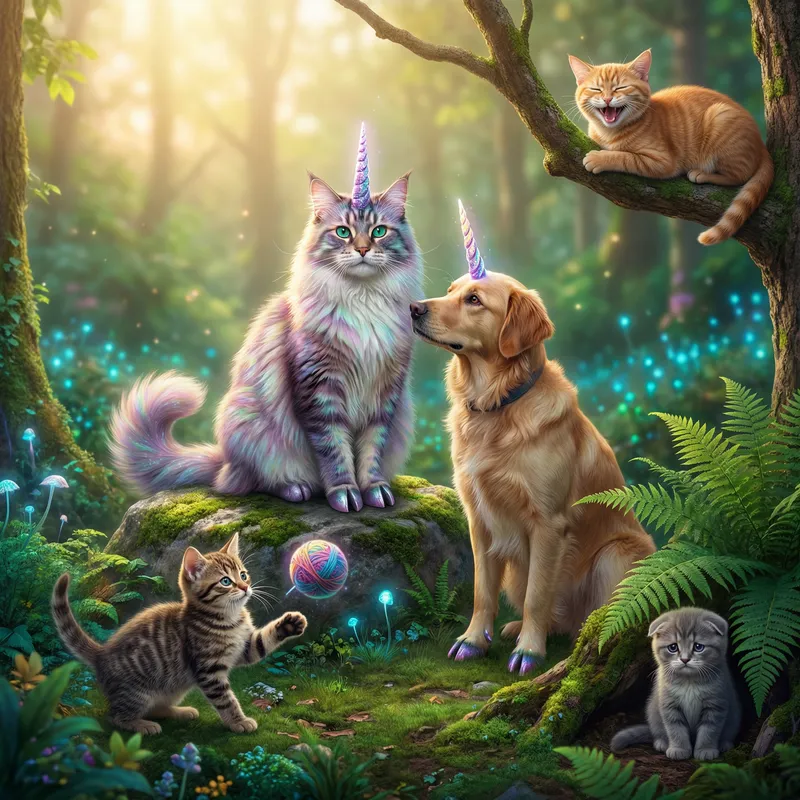 Magical Feline Unicorn and Playful Canine in Mythical Scene