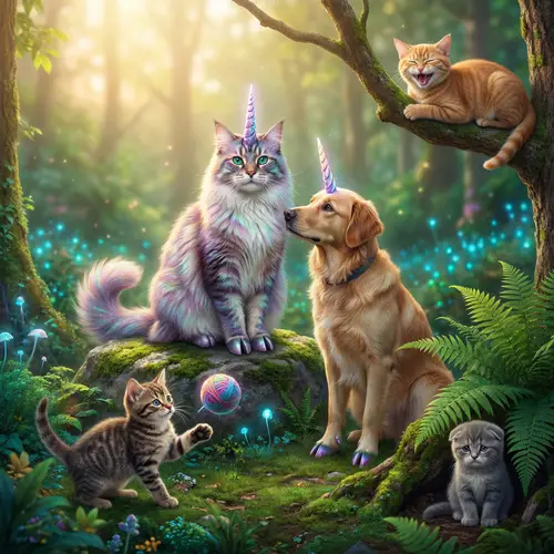 Majestic Feline Unicorn and Enchanting Canine Companion in Mythical Landscape
