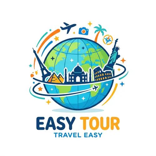 Vibrant Globe Illustration with Iconic Landmarks | Easy Tour Travel Agency