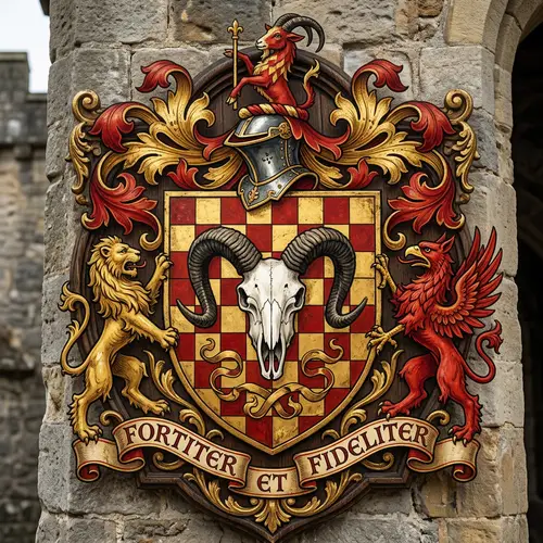 Red and Gold Coat of Arms with Goat Skull
