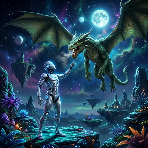 Humanoid Robot Interacting with Extraterrestrial Dragon in Alien Landscape