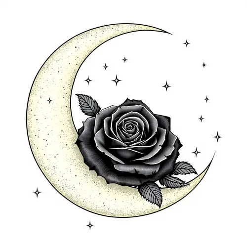 Black and Grey Rose on Crescent Moon Art