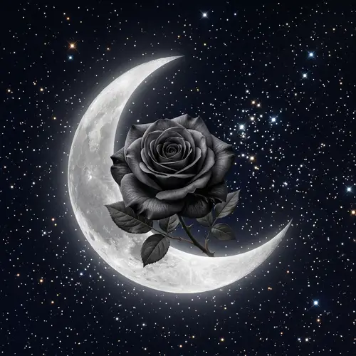 Black and Grey Rose on Crescent Moon Art