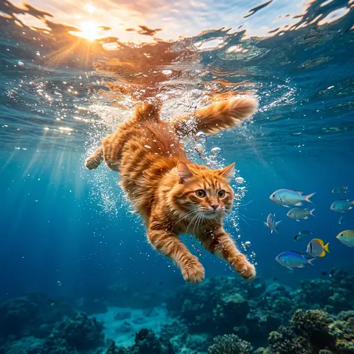 Brave Cat Diving into Deep, Clear Water