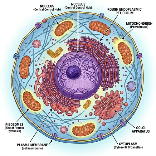 Detailed Overview of Cell Parts: Nucleus, Mitochondria, Ribosomes, ER, Golgi & Cytoplasm