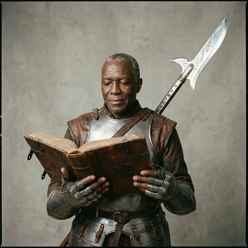 Black Male Paladin in Light Armor Studying Ancient Tome