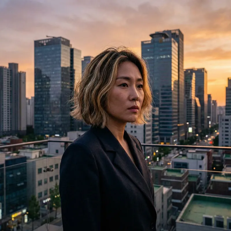Korean-Inspired Woman with Blonde Streaks | City Skyscrapers Backdrop
