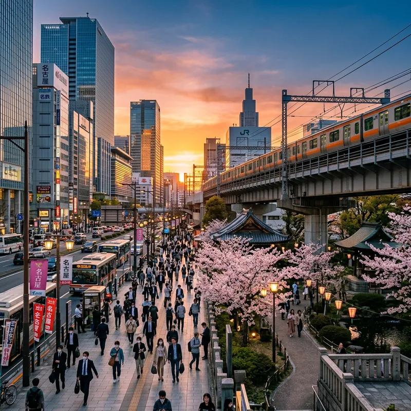 Nagoya's Modern Urban Landscape: Cherry Blossoms & Skyscrapers Nagoya's Modern Urban Landscape: Cherry Blossoms & Skyscrapers