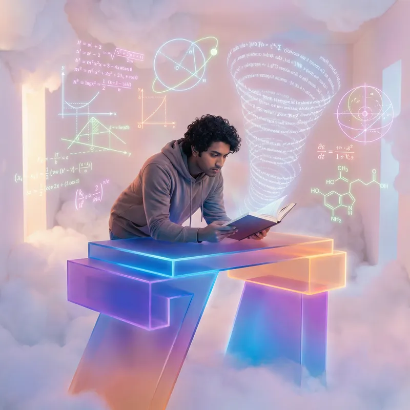 Surreal Abstract College Student Immersed in Learning