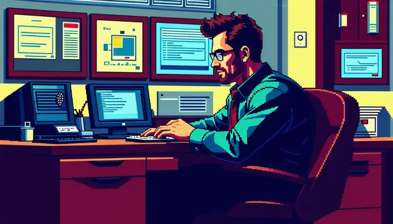 8-Bit Style Consultant Programming at Desk