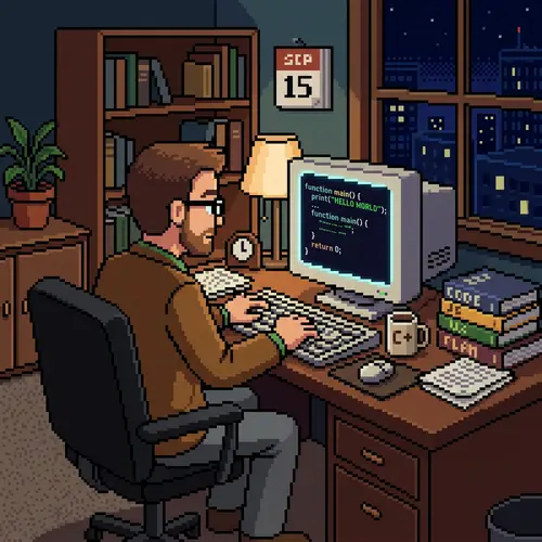 8-Bit Style Consultant Programming at Desk