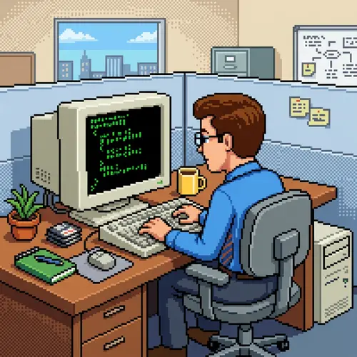 8-Bit Style Consultant Programming at Desk