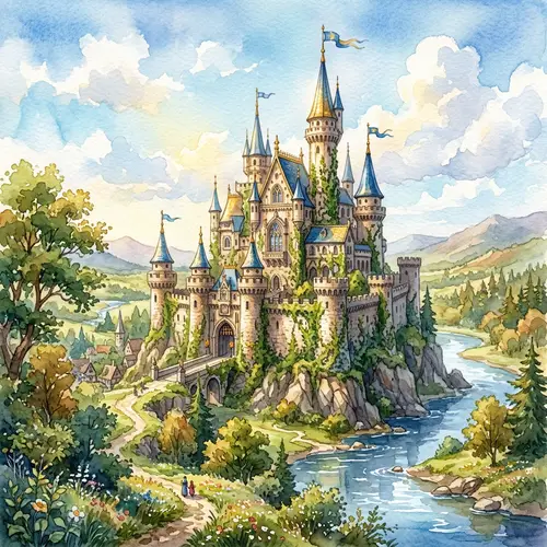 Enchanting Fantasy Castle in Watercolor Art
