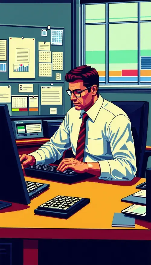 8-Bit Style Consultant Programming at Desk