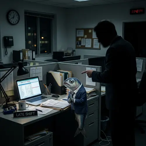 Dejected Sardine in Suit During Overtime Scolding