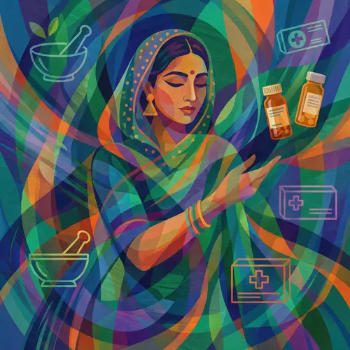 South Asian Female Pharmacist Abstract Art | Medication Preparation