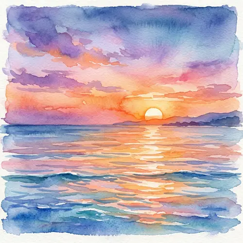 Stunning Watercolor Sunset Over Ocean