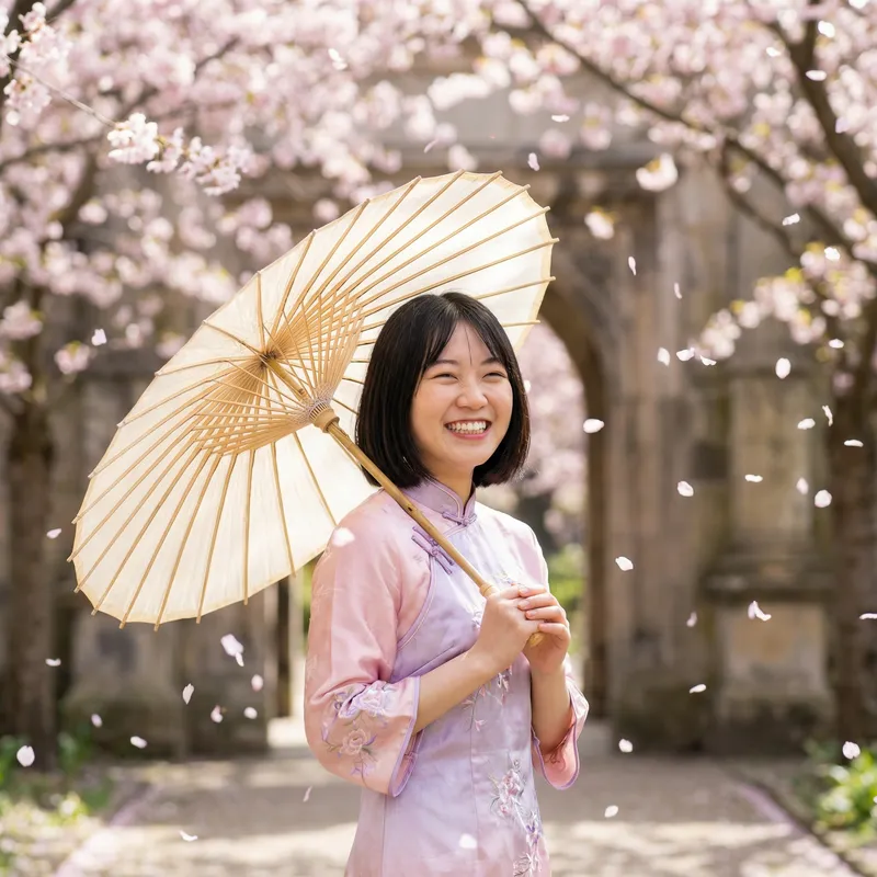 Charming East Asian Woman with Parasol | Serene and Elegant Scene Charming East Asian Woman with Parasol | Serene and Elegant Scene