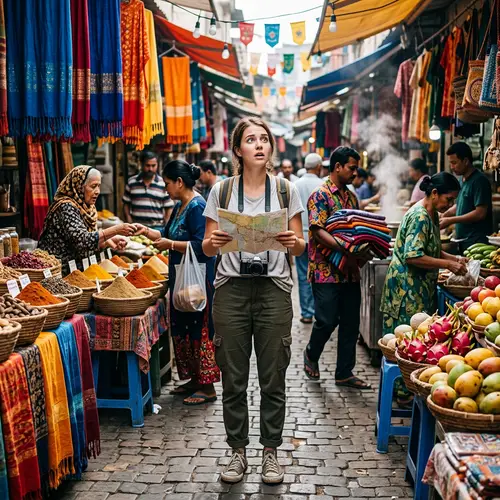 Inexperienced Person in Vibrant Marketplace | Colorful Chaos