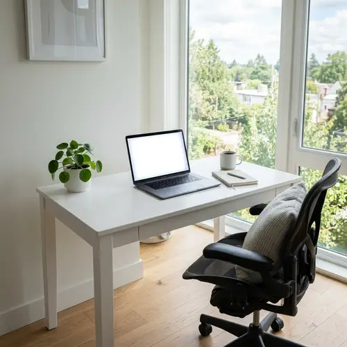 Minimalist Remote Work Setup with White Desk and Laptop