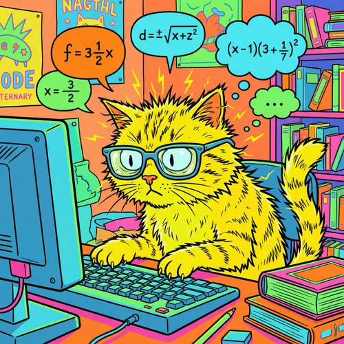 Spiky Fur Yellow Cat Cartoon Studying Computer in Bright Fun Colors