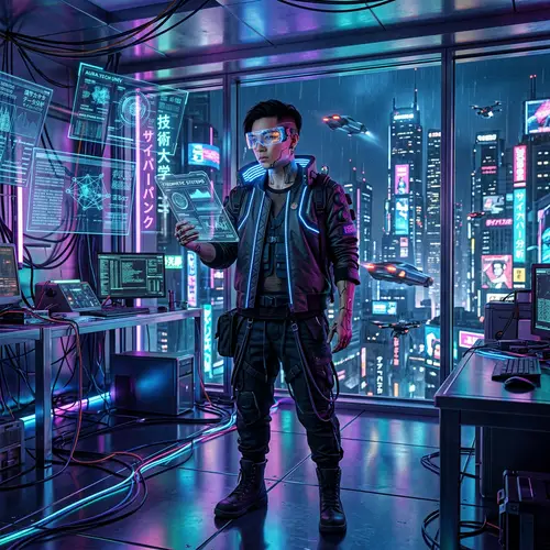 Futuristic University Student in Cyberpunk Setting
