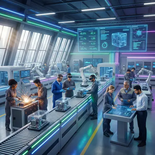 Futuristic Factory | Diverse Workers & Advanced Tech Production