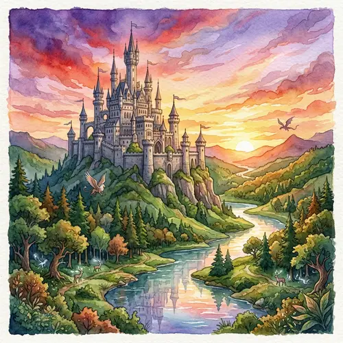Fantasy Castle Watercolor Art | Enchanting Hilltop Scene