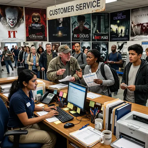 Interactive Customer Service Scenes with Horror Movie Posters