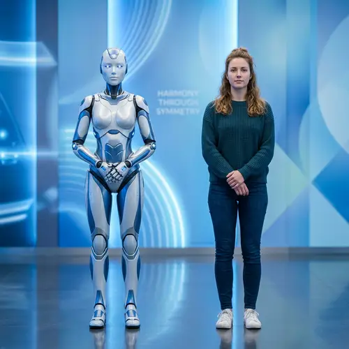 Robot and Human Mirror Image in Blue Tones