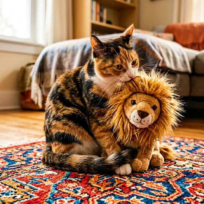 Cute Cat Eating a Toy Lion - Adorable Moments