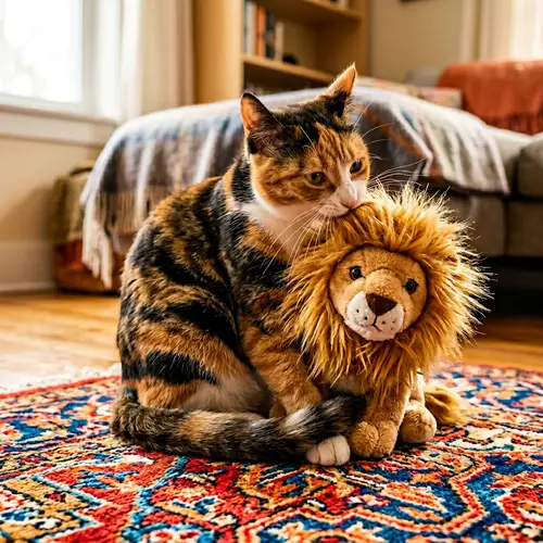 Cute Cat Eating a Toy Lion - Adorable Moments