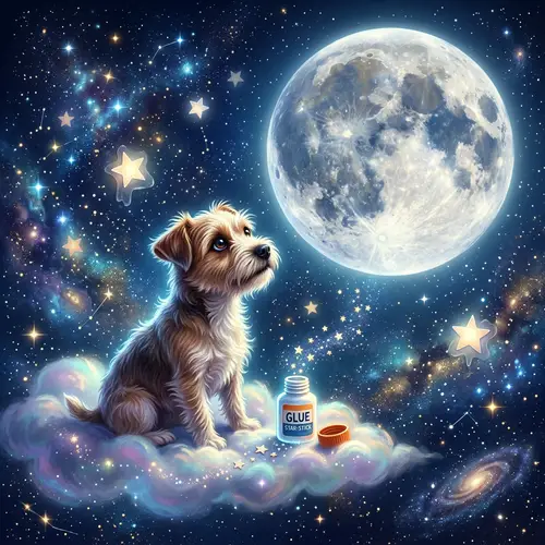 Surreal Dog on Cloud Gazing at Moon with Glowing Glue and Stars