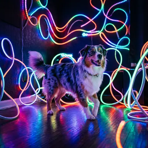 Vibrant Australian Shepherd Dog Surrounded by Govee Lights