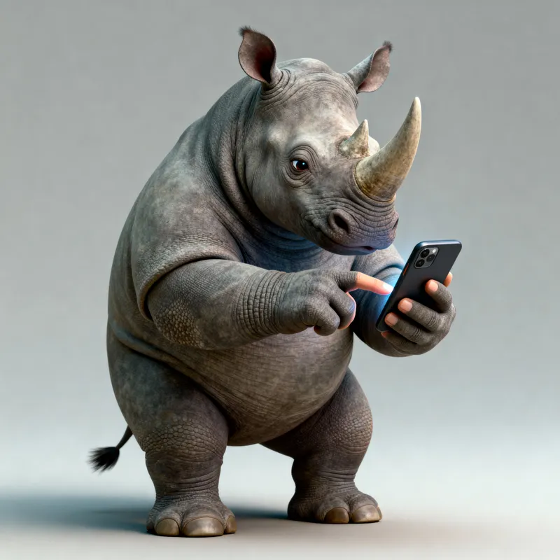 3D Rhinoceros Character Browsing Smartphone 3D Rhinoceros Character Browsing Smartphone