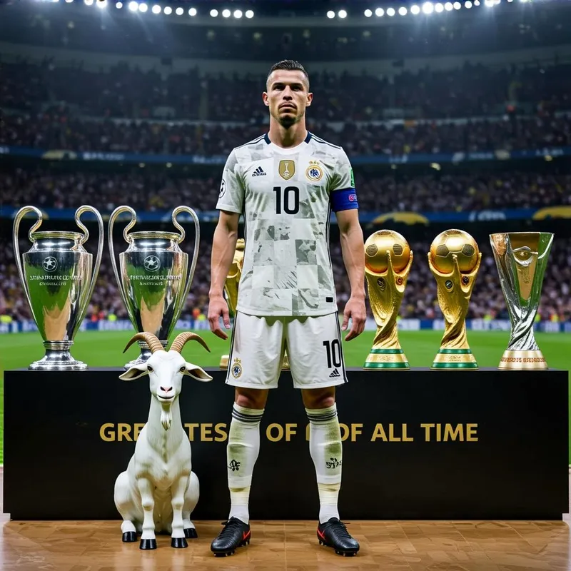 Legendary Footballer with Trophies and GOAT Statue