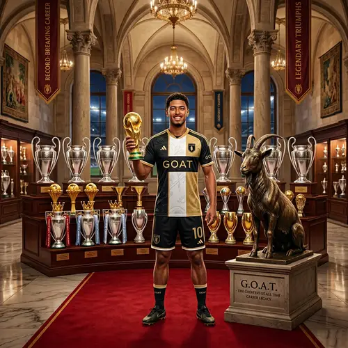 Legendary Footballer with Trophies and GOAT Statue