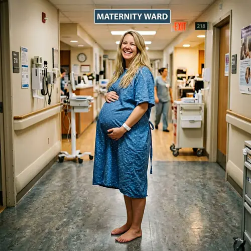 Pregnant Caucasian Woman in Hospital Hallway | Blue Gown