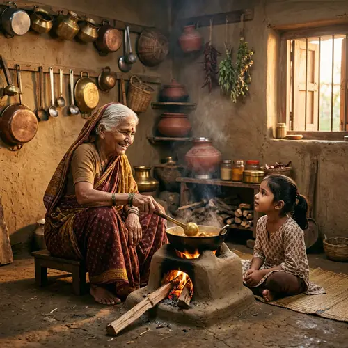 Elderly Indian Woman Cooking Curry in Traditional Kitchen