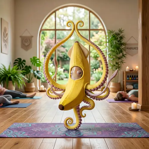 Squid in Banana Costume Practicing Yoga