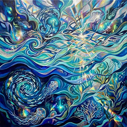 Vivid Abstract Ocean Art: Waves, Marine Life & Flora