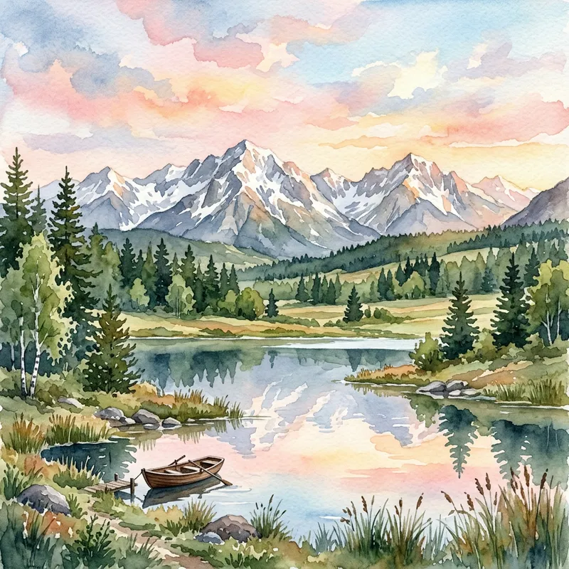 Serenity in Watercolor: Majestic Mountains Landscape